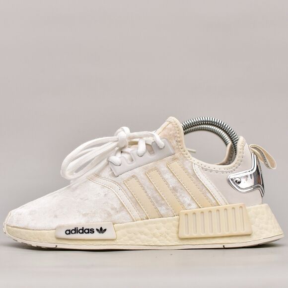 ADIDAS NMD R1 WOMENS SIZE 7 WHITE SILVER METALLIC VELVET VELOUR SHOES - Picture 2 of 8